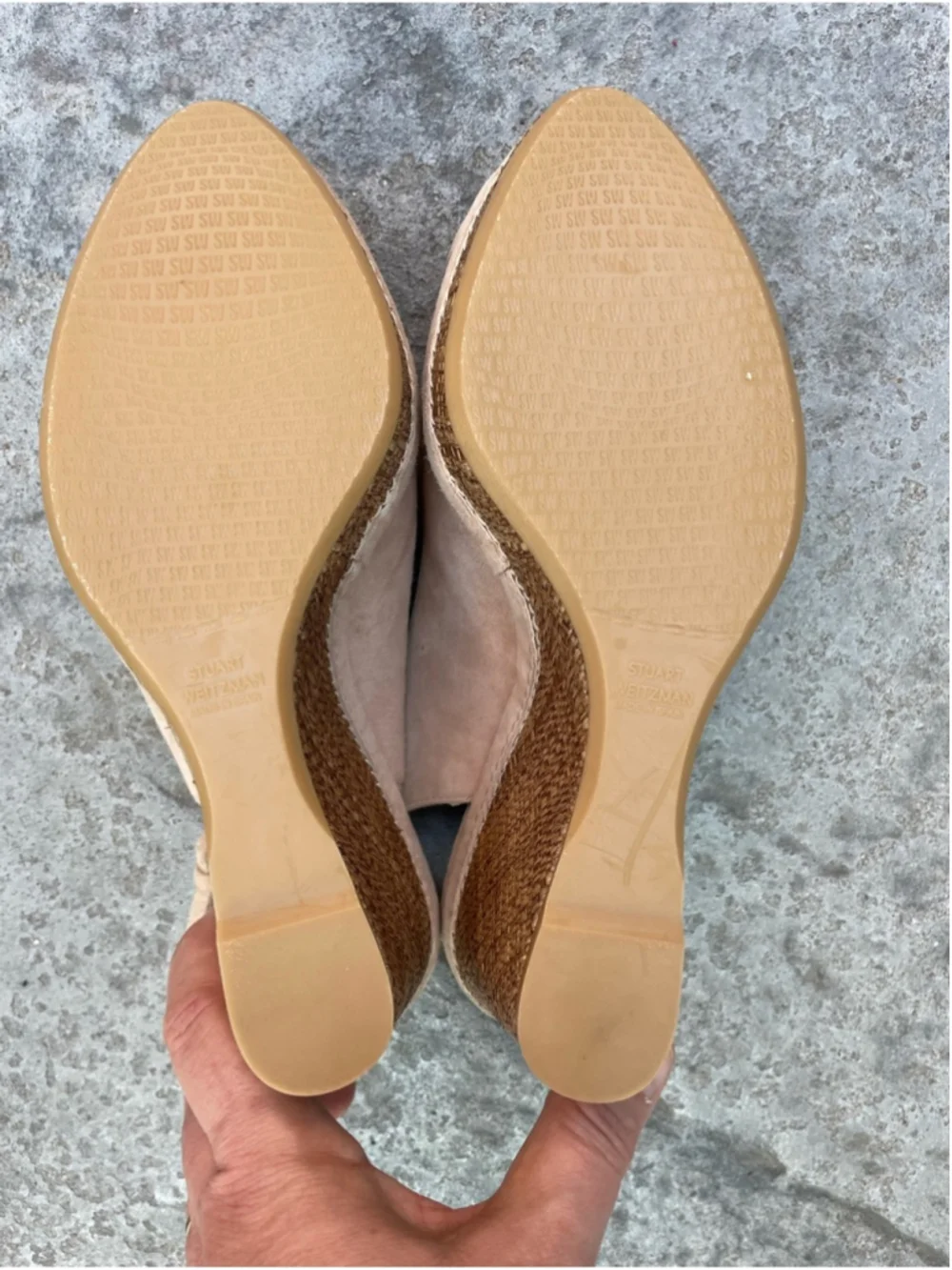 Stuart Weitzman Nude Suede Raffia Wedge Sandals Peep-Toe Slingback Beige - Picture 7 of 8